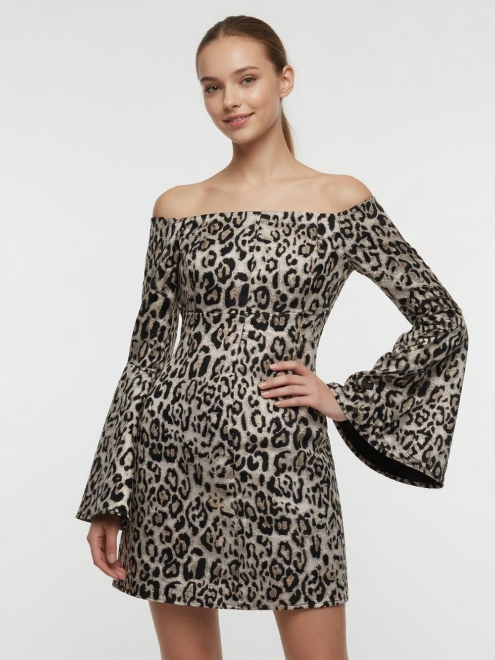 LPA Revolve Metallic Leopard Print Off Shoulder Bell Sleeve Mini Dress Sm 0575